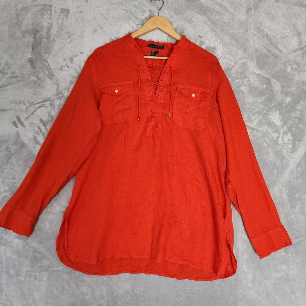 Lauren Ralph Lauren Linen Top Womens Size XL Deep Orange Lace Front Shirt 100%